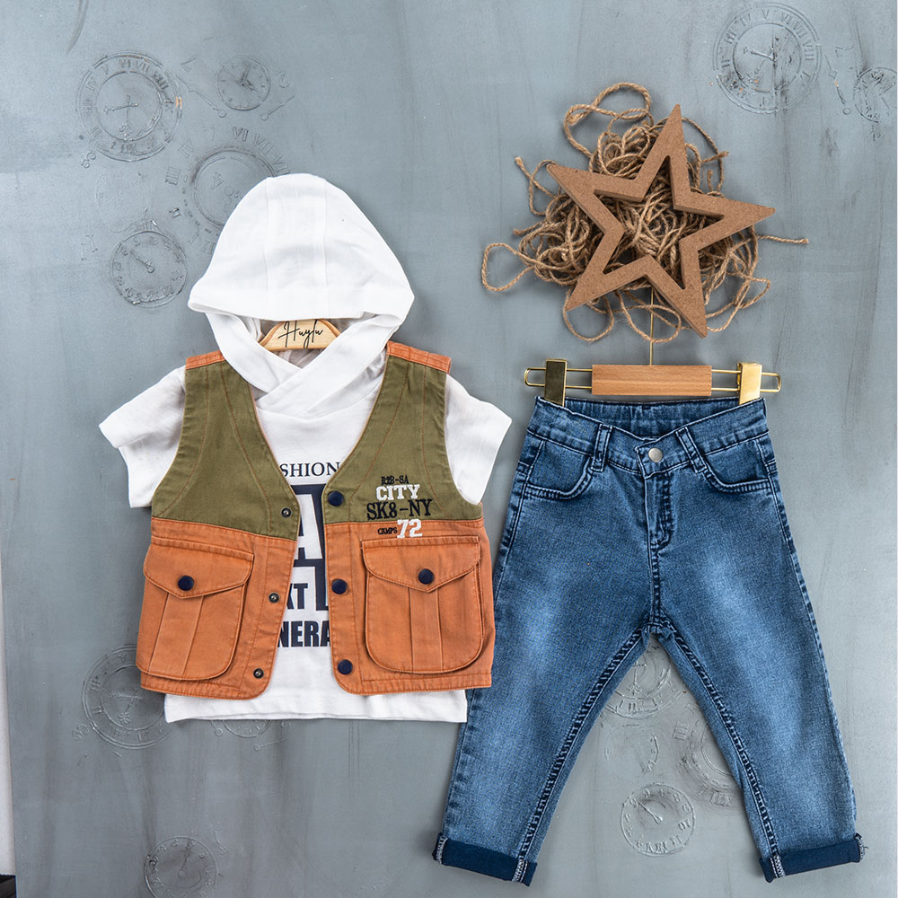 BOYS' SUIT WHOLESALE READY TOWEAR TRIPLE SUIT Jeans pants with a yellow  hooded jacket and a denim jacket 025