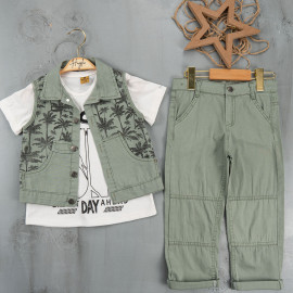 BOYS' SUIT WHOLESALE READY TOWEAR TRIPLE SUIT Bir kazak ve bir palmiye görüntüsü ceketi ile kanvas pantolon 015