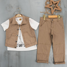 BOYS' SUIT WHOLESALE READY TOWEAR TRIPLE SUIT Bir kazak ve bir palmiye görüntüsü ceketi ile kanvas pantolon 015