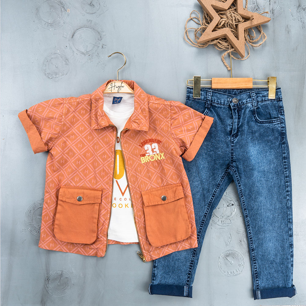 BOYS' SUIT WHOLESALE READY TOWEAR TRIPLE SUIT Jeans pants with a shirt and a quarter-sleeved jacket with two pockets 017