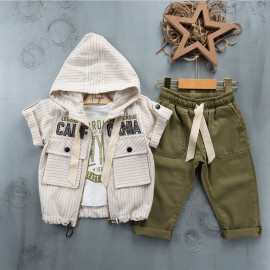 KIDS KIDS SUIT WHOLESALE READY TOWEAR TRIPLE SUIT Canvas trousers with sweater and striped jacket with two pockets 022