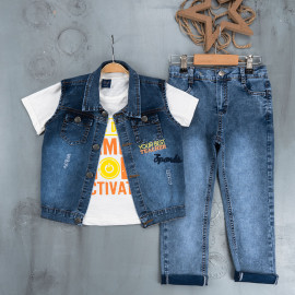 BOYS' SUIT WHOLESALE READY TOWEAR TRIPLE SUIT Jeans pants with a white printed sweater and a cropped denim jacket 032