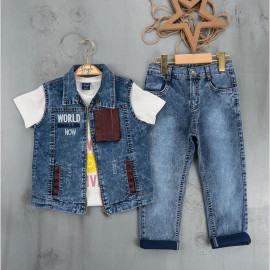 BOYS' SUIT WHOLESALE READY TOWEAR TRIPLE SUIT Jeans pants with a white sweater with a print and a short denim jacket with a red pocket 033