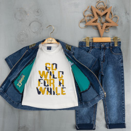 BOYS' SUIT WHOLESALE READY TOWEAR TRIPLE SUIT Jeans pants with a white printed sweater and a colorful sleeved denim jacket 034