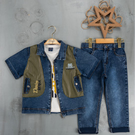 BOYS' SUIT WHOLESALE READY TOWEAR TRIPLE SUIT Jeans pants with a white printed sweater and a colorful sleeved denim jacket 034