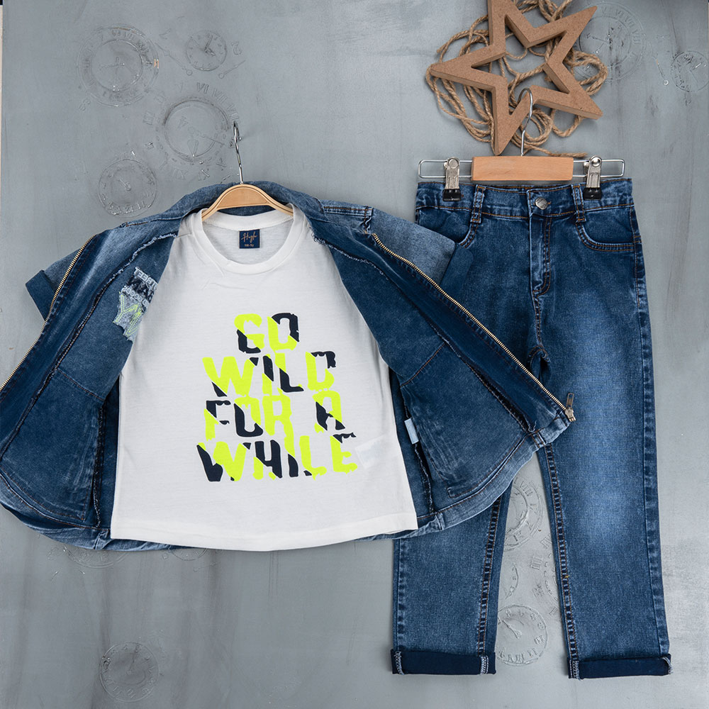 Vandret forudsigelse fjer BOYS' SUIT WHOLESALE READY TOWEAR TRIPLE SUIT Jeans pants with a white  sweater with a black and yellow print and a denim jacket with side pockets  035